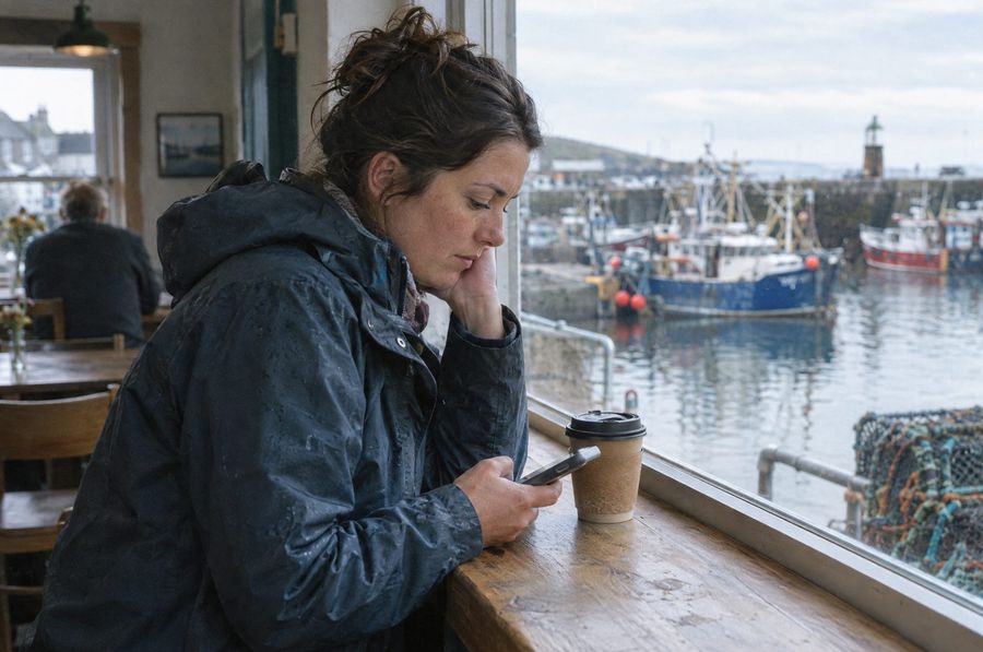 A woman in a harbourside café on the Moray coast waiting for a website to load on her phone