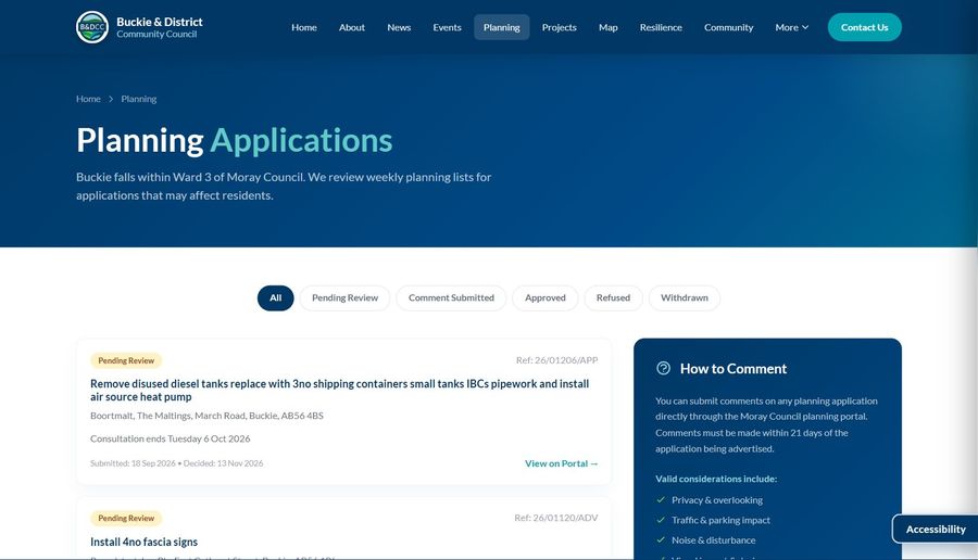 Buckie & District Community Council, the planning applications tracker