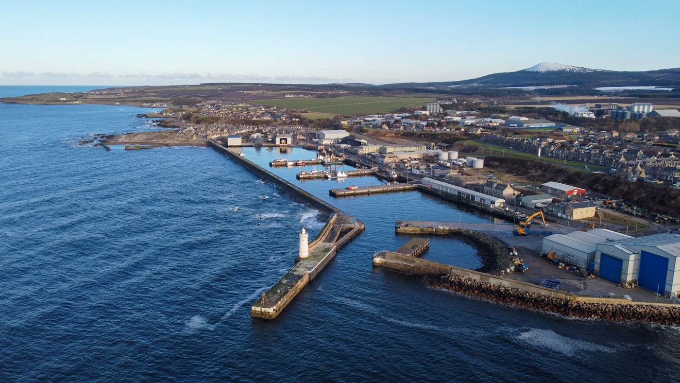 Aerial view of Buckie Harbour on the Moray Coast, Scotland
