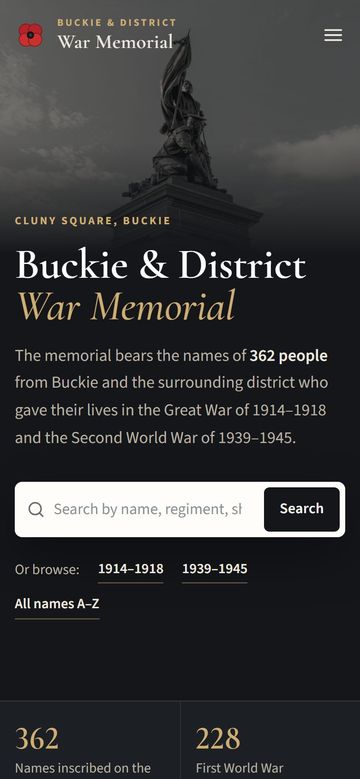Buckie & District War Memorial website on a phone
