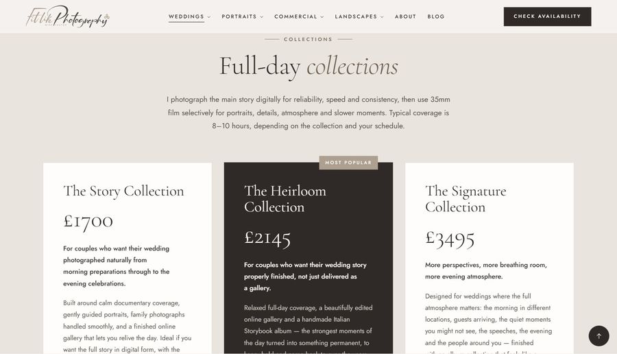 Fitlike Photography, the three wedding collections and prices