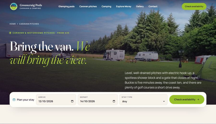 Greencraig Pods, the caravan and motorhome pitches page