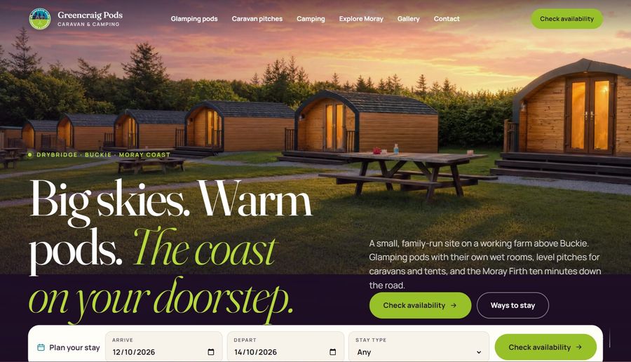 Greencraig Pods website on a computer
