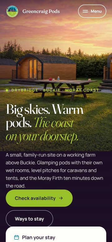 Greencraig Pods website on a phone