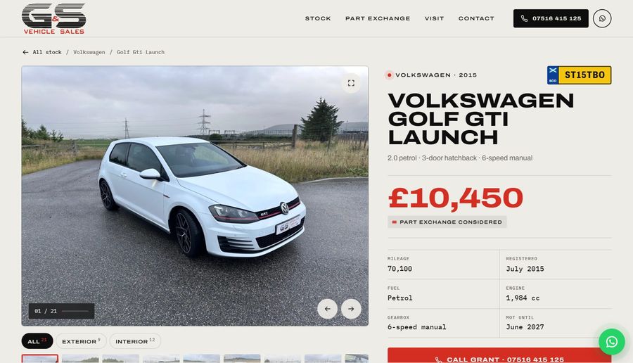 G&S Vehicle Sales, a car page for a Volkswagen Golf GTI