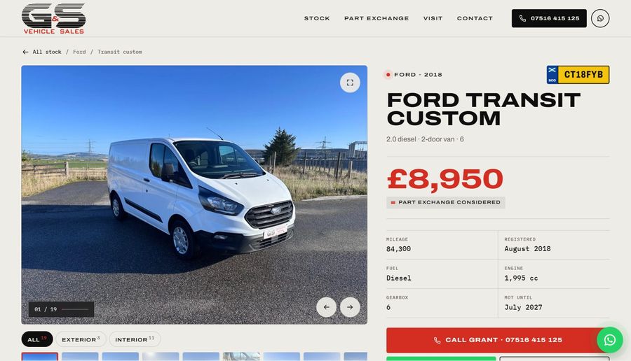 G&S Vehicle Sales, a van page for a Ford Transit Custom