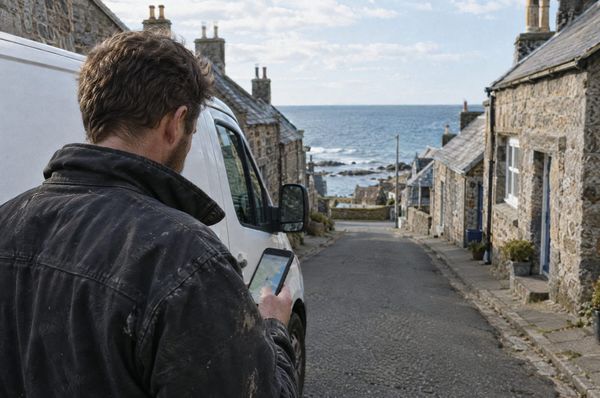 A tradesman beside his van in a Moray coastal village, looking up a local business on his phone
