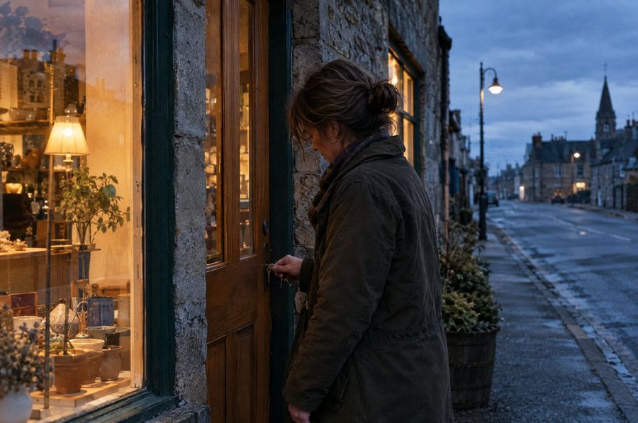 A shop owner locking up her shop at dusk on a quiet Moray street