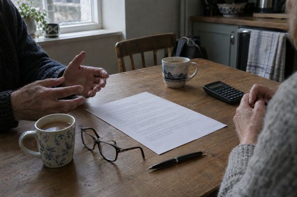 A couple going over a quote at the kitchen table with mugs of tea and a calculator