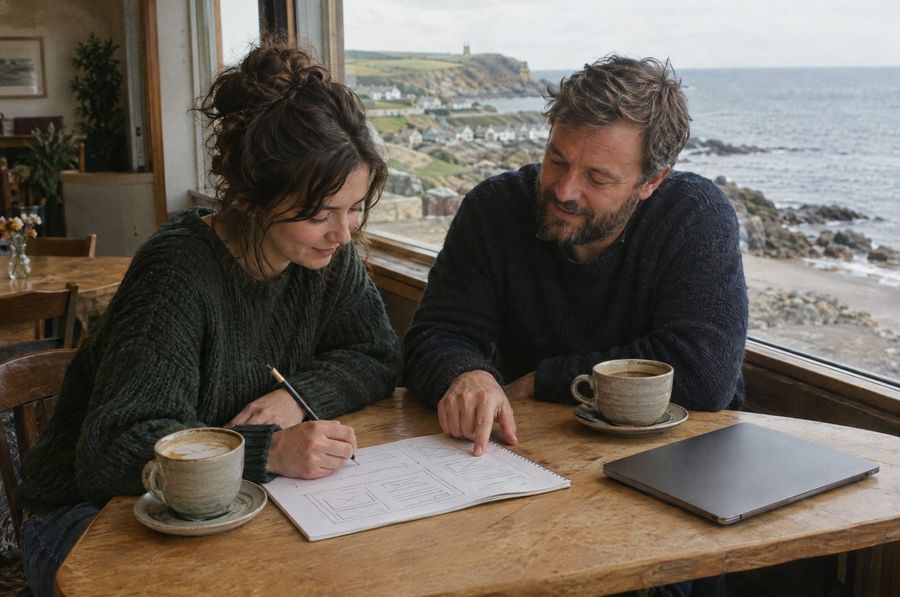 A web designer sketching website layouts with a business owner in a café by the sea