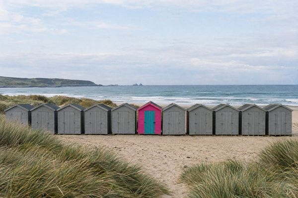 A row of identical grey beach huts with one painted pink with a teal door
