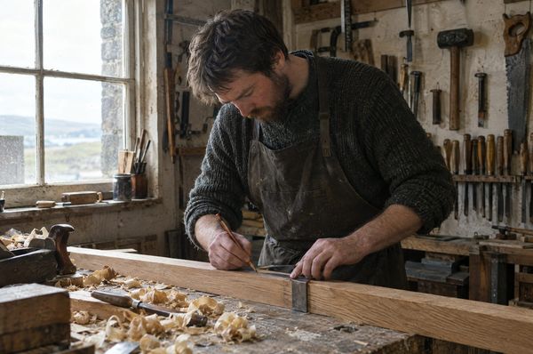 A joiner measuring and marking a length of oak by hand in his workshop